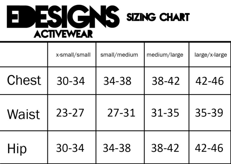 Edesigns Activewear Sizing Charts
