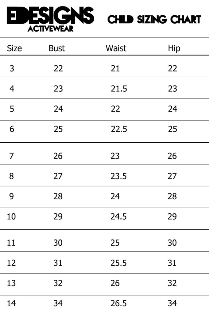 Child sizing chart for Edesigns Activewear